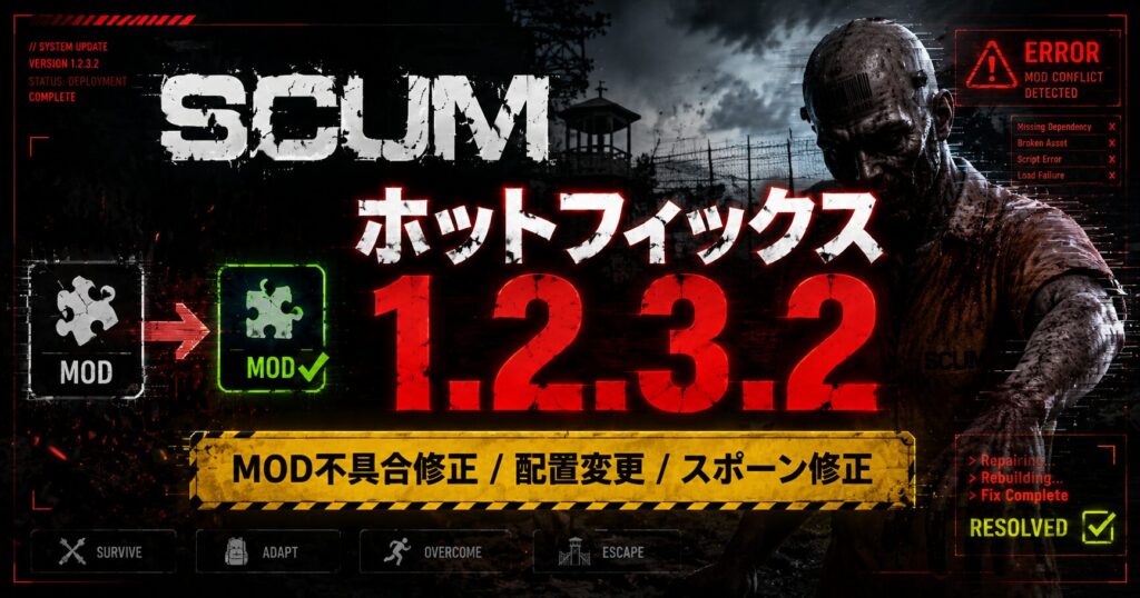 SCUM ホットフィックス1.2.3.2配信｜MODが動かない不具合修正＋.pak配置変更の完全解説